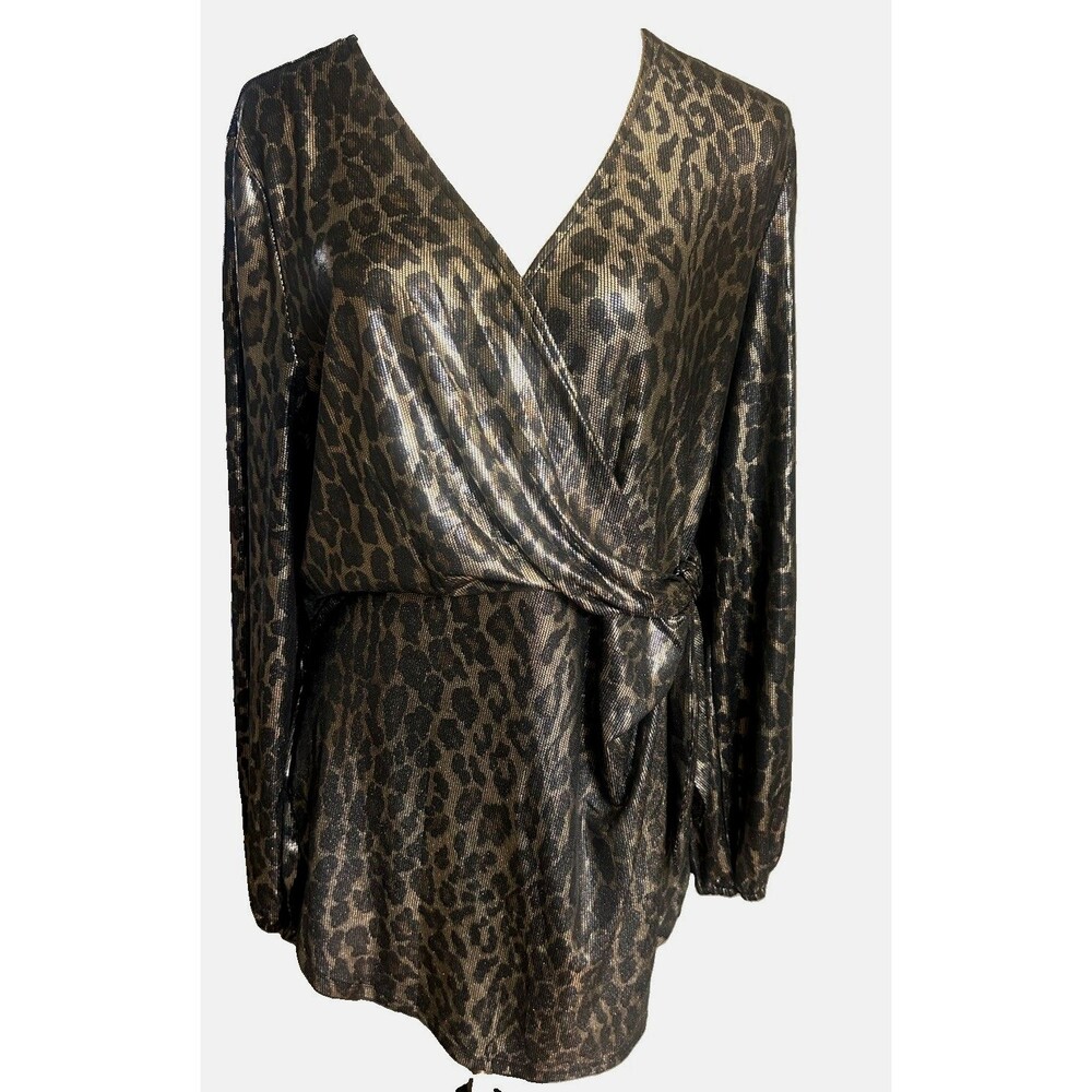 Andrea Jovine Size L Metallic Brown Gold Leopard Tie Wrap V Neck Tunic Blouse